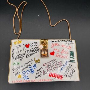 Vintage White and Gold Graffiti Shoulder Bag with Thin Strap